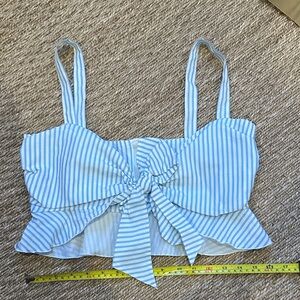 Nicholas striped Tie-Front Crop Tank Top in Light Blue